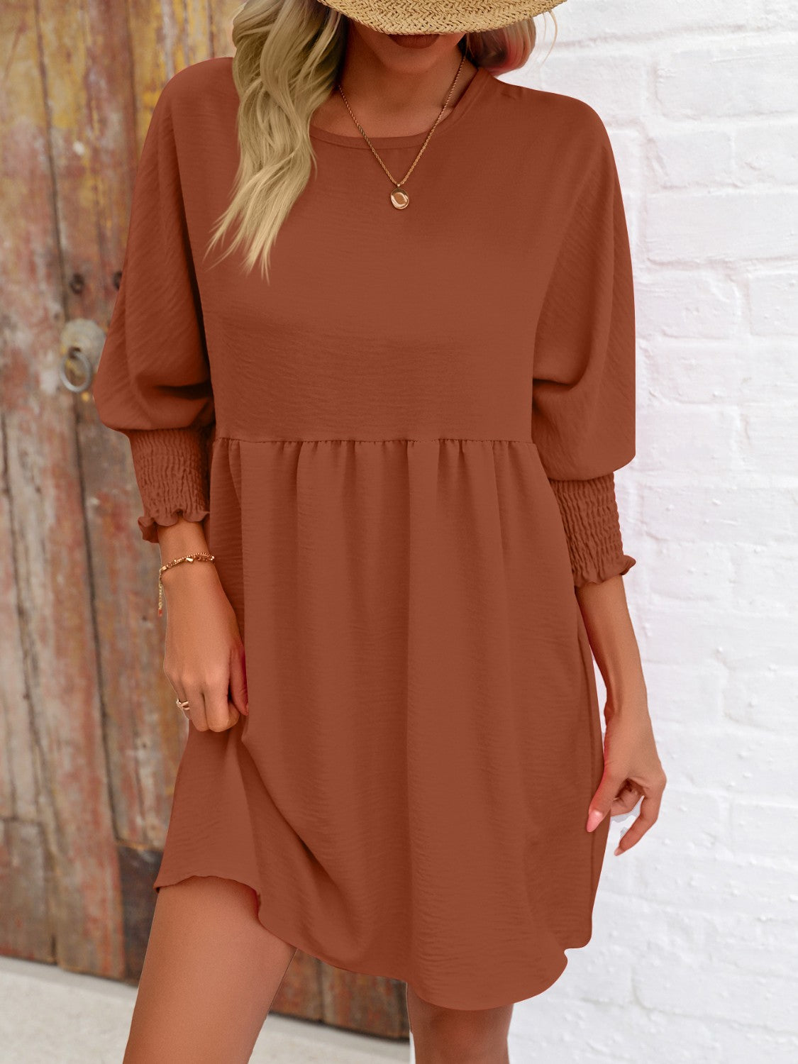 Round Neck Lantern Sleeve Mini Dress - Babbazon