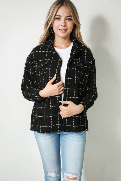 Plaid Raw Hem Jacket with Pockets 