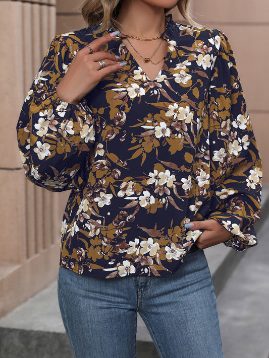 Floral Notched Balloon Sleeve Blouse 