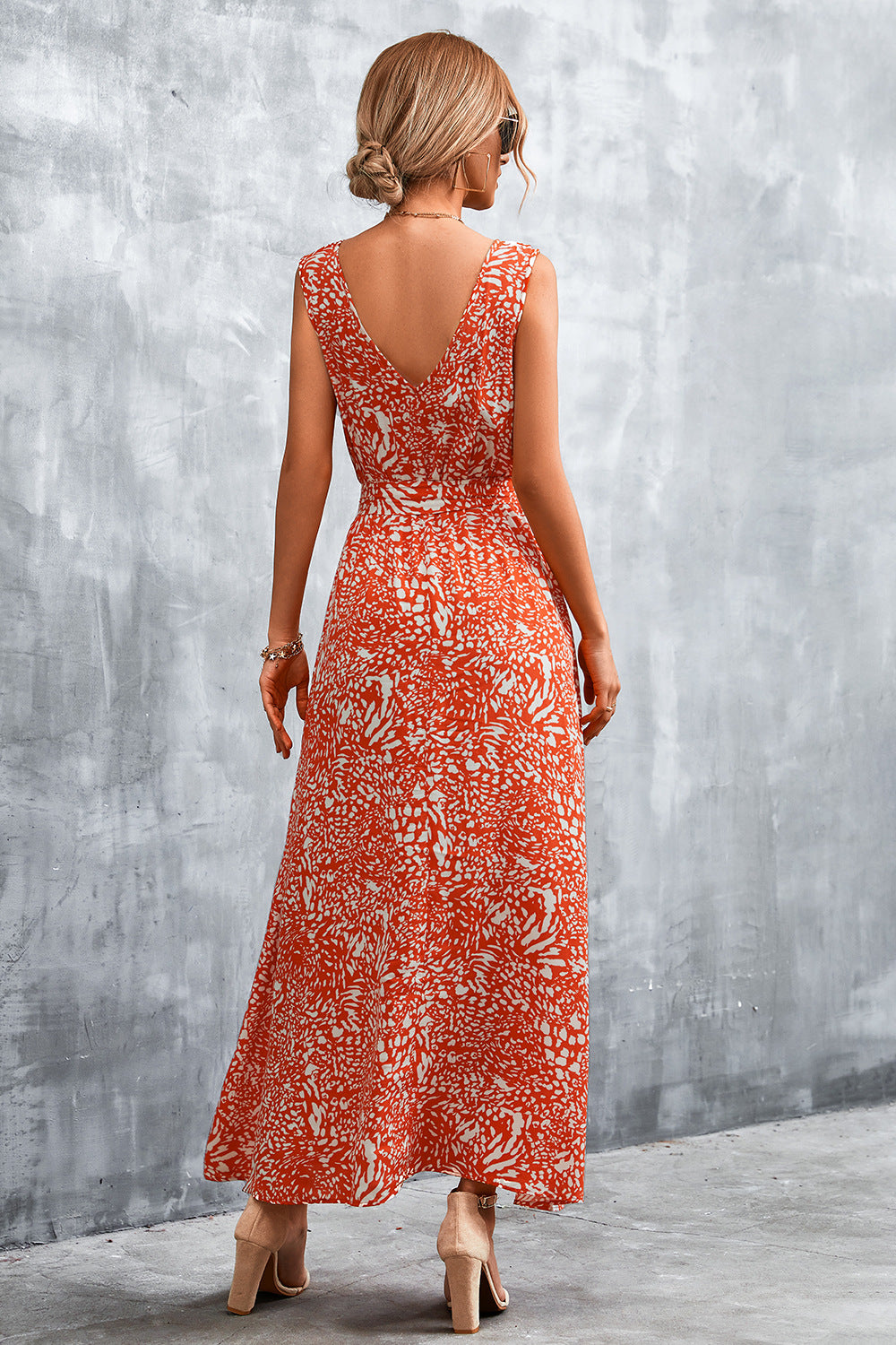 Printed V-Neck Tie Waist Maxi Dress 