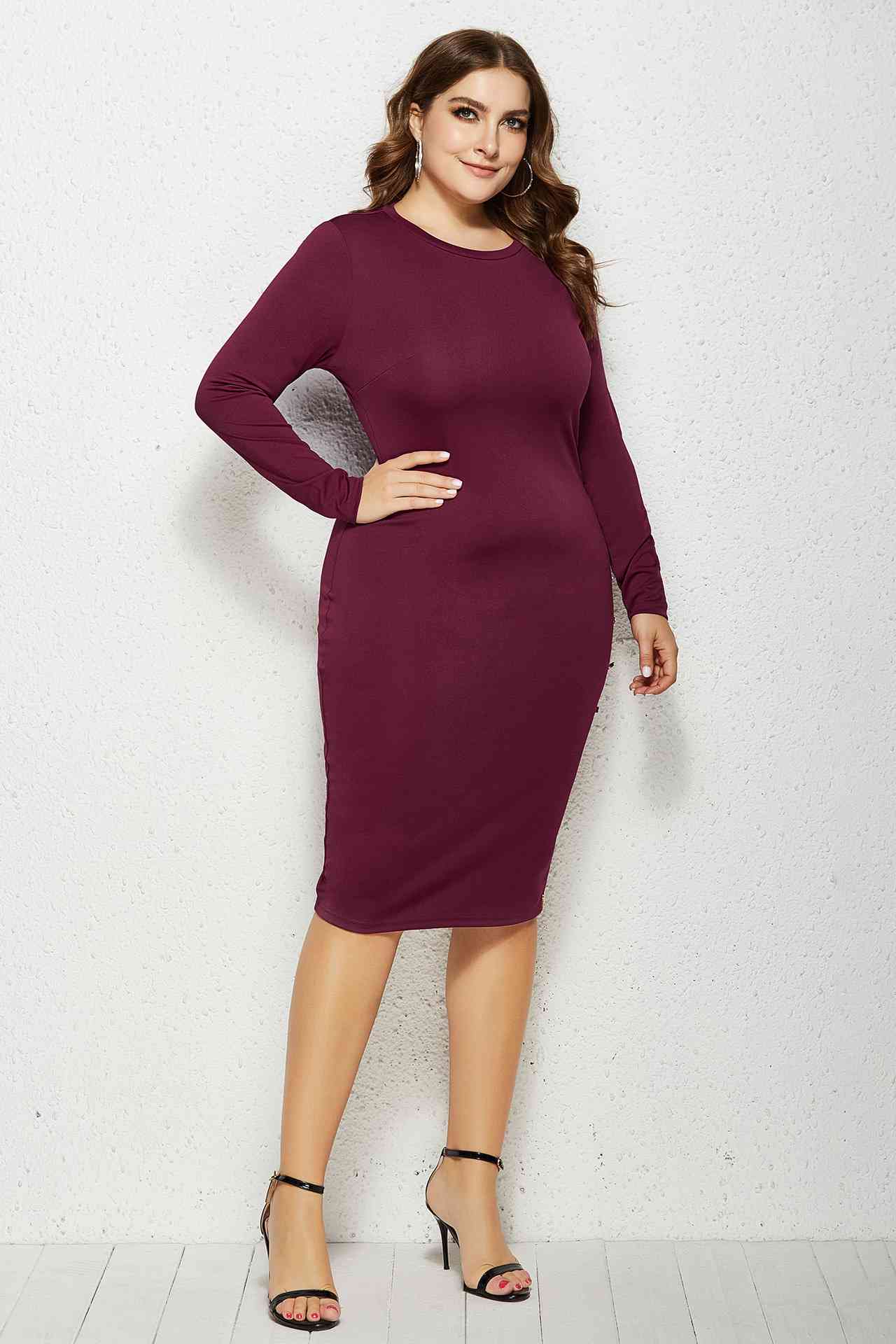 Plus Size Solid Buttoned Wrap Dress 