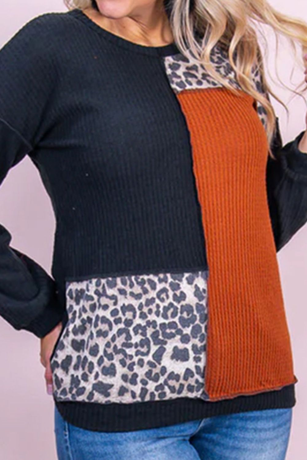 Plus Size Waffle-Knit Leopard Round Neck Blouse 