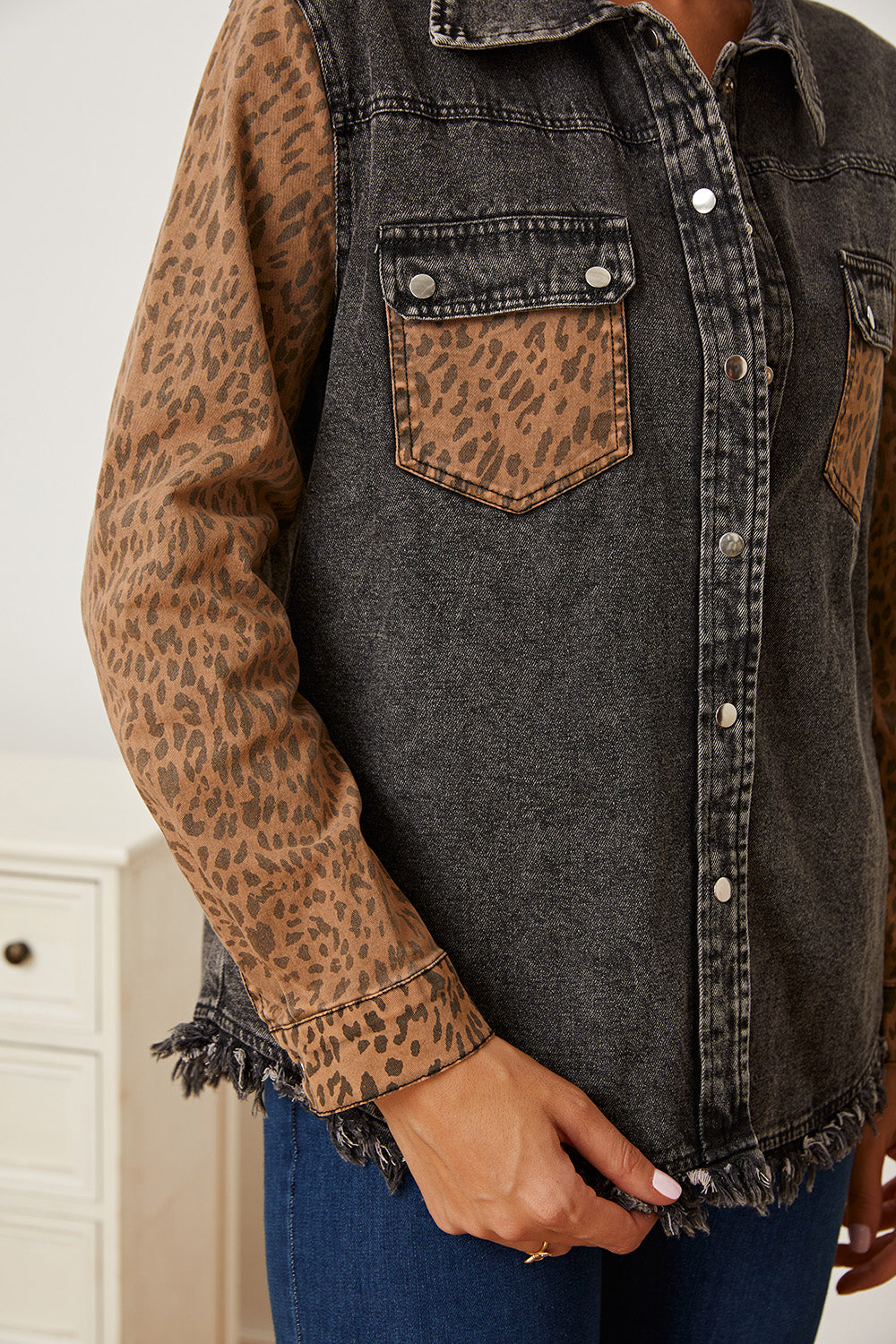 Leopard Raw Hem Pocketed Denim Jacket