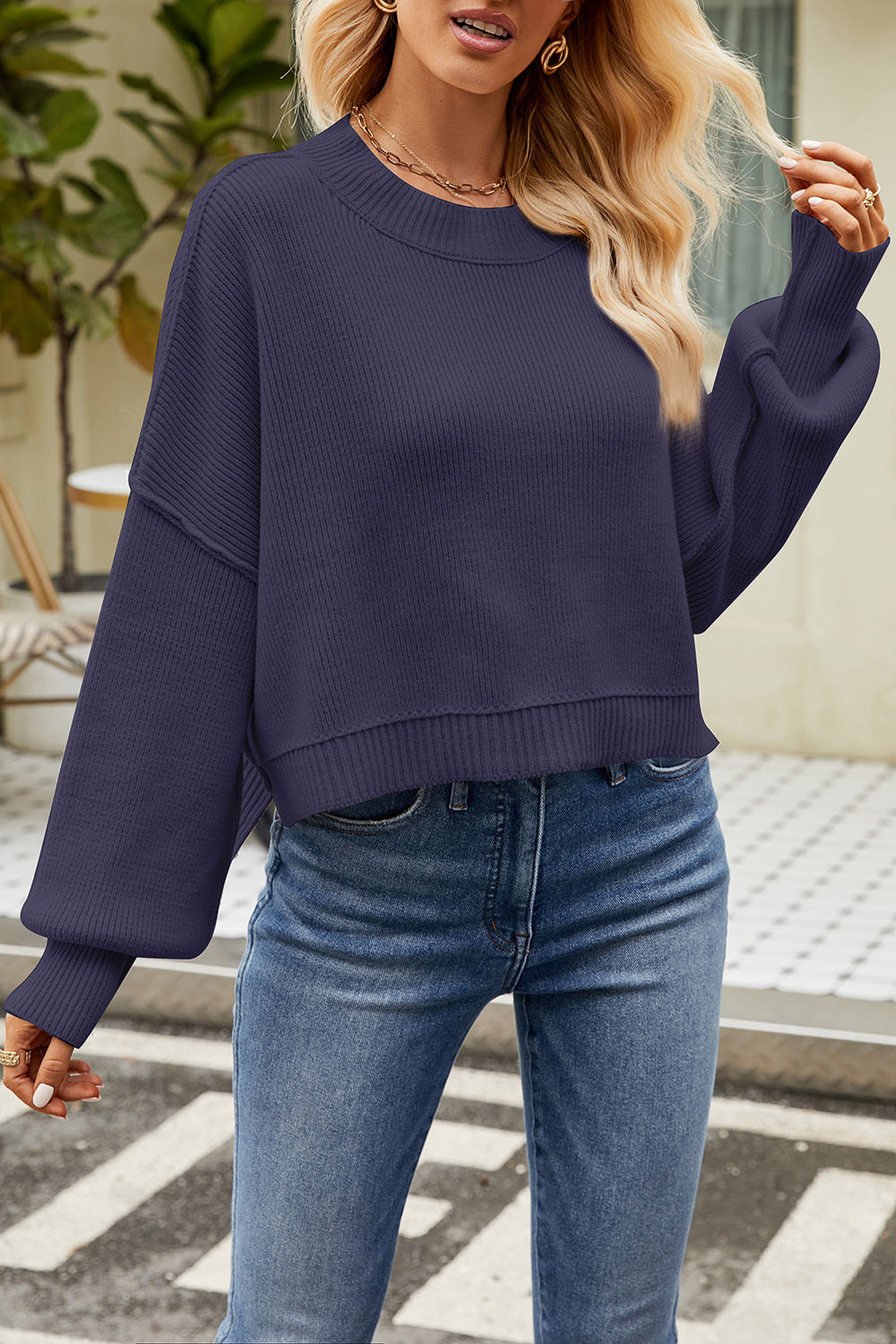 Round Neck Dropped Shoulder Sweater 