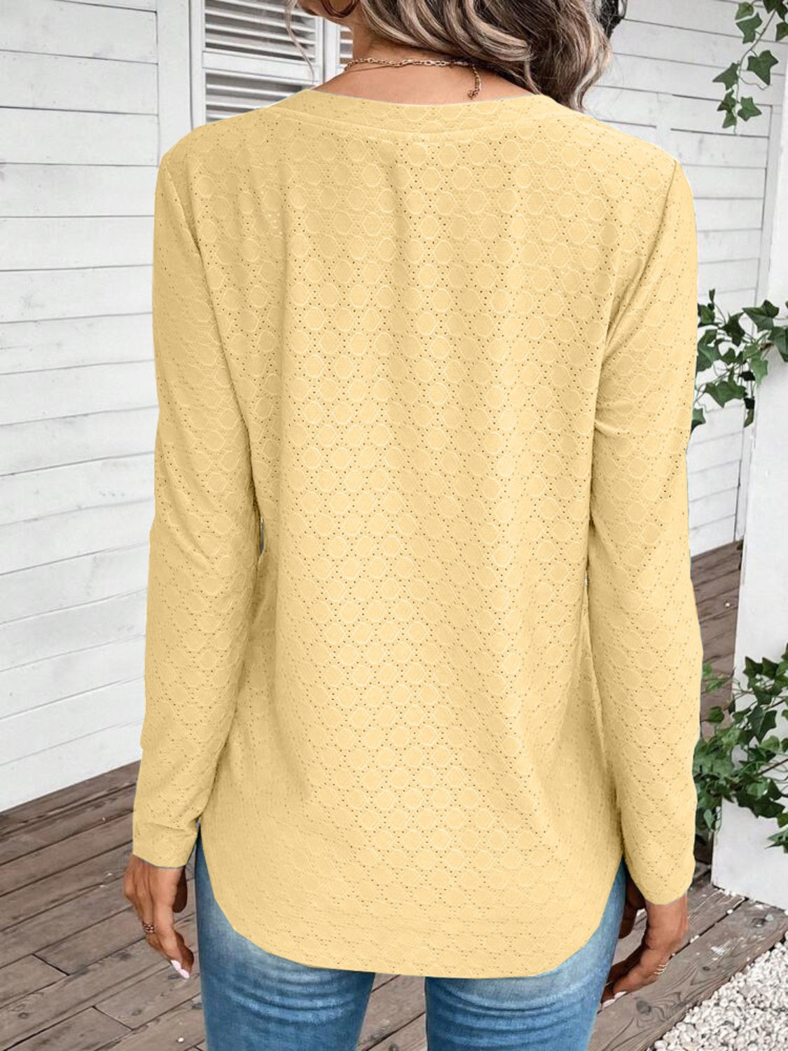 Eyelet V-Neck Long Sleeve T-Shirt