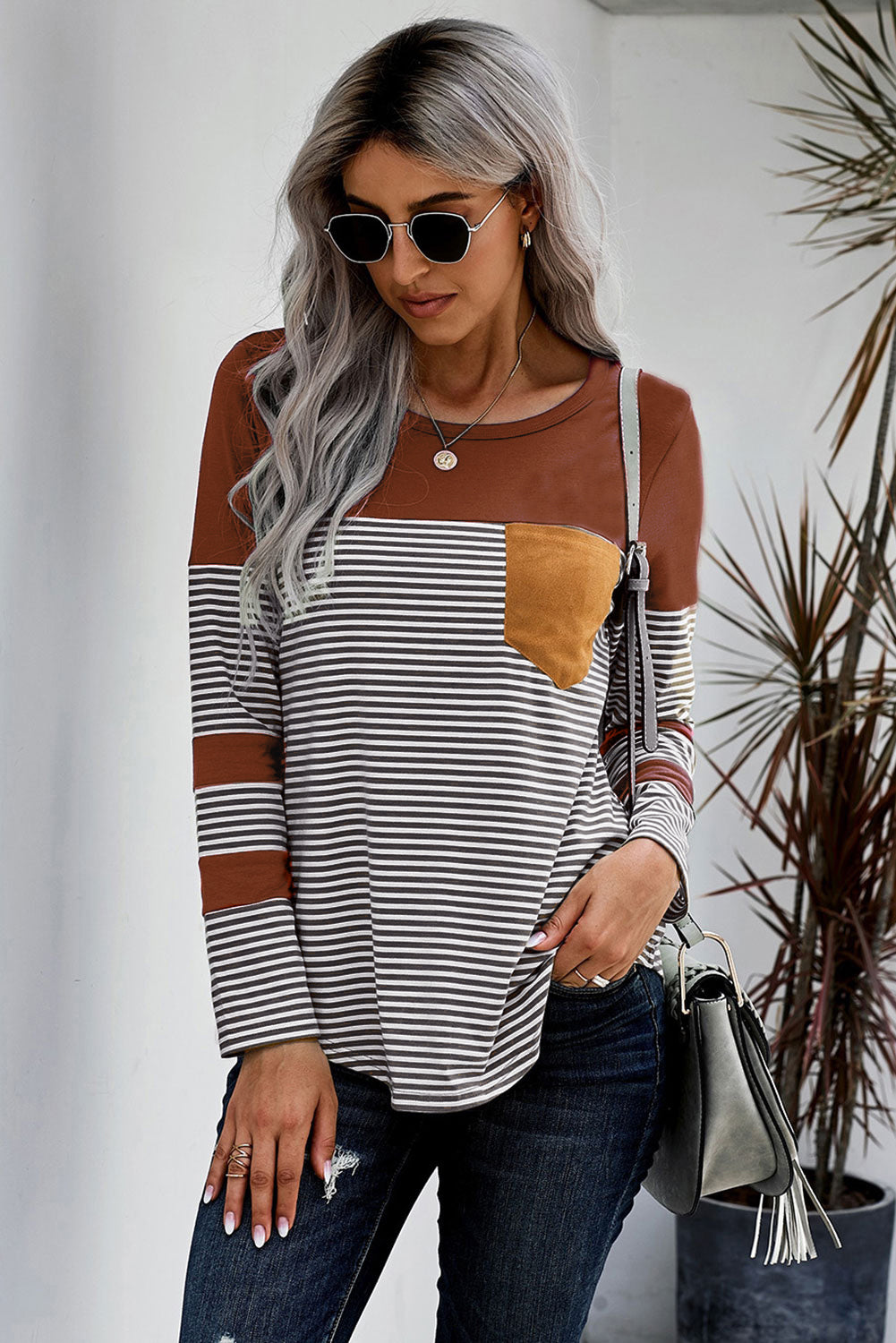 Pocketed Striped Round Neck T-Shirt