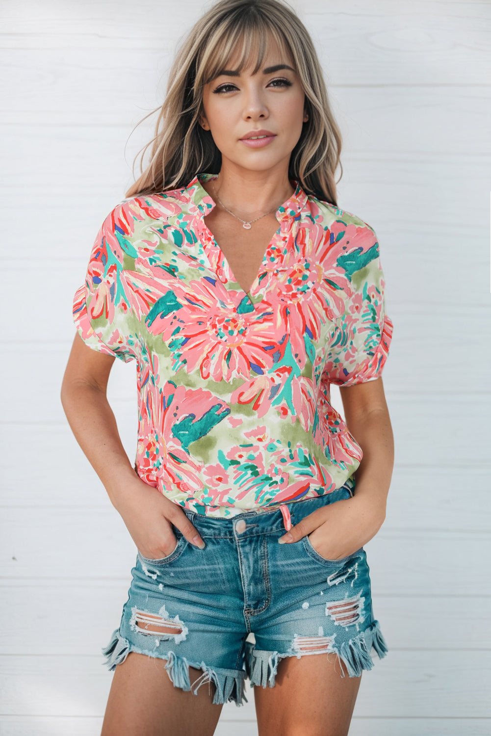 Floral Notched Neck Short Sleeve Top - Babbazon Women's Tops