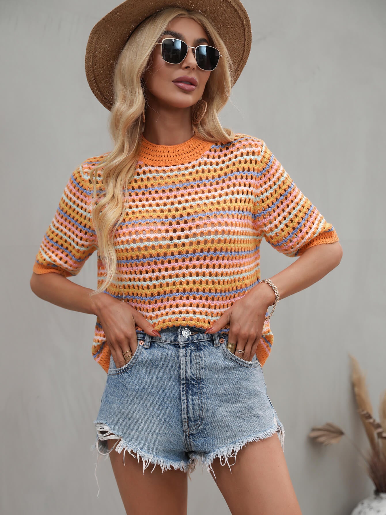 Striped Openwork Half Sleeve Knit Top - Babbazon Tops