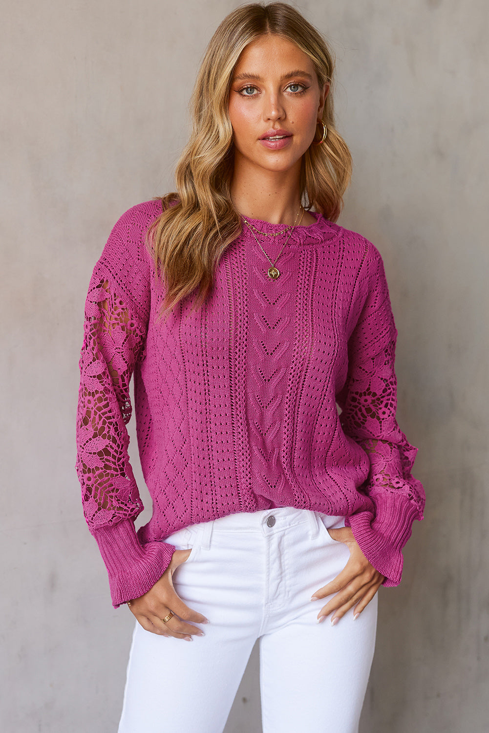 Openwork Lantern Sleeve Dropped Shoulder Sweater 