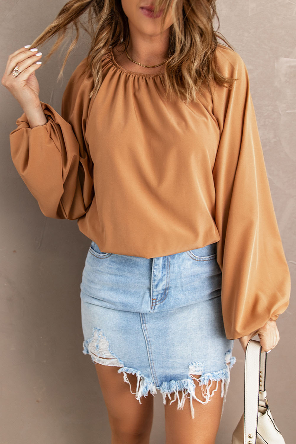 Round Neck Balloon Sleeve Blouse 