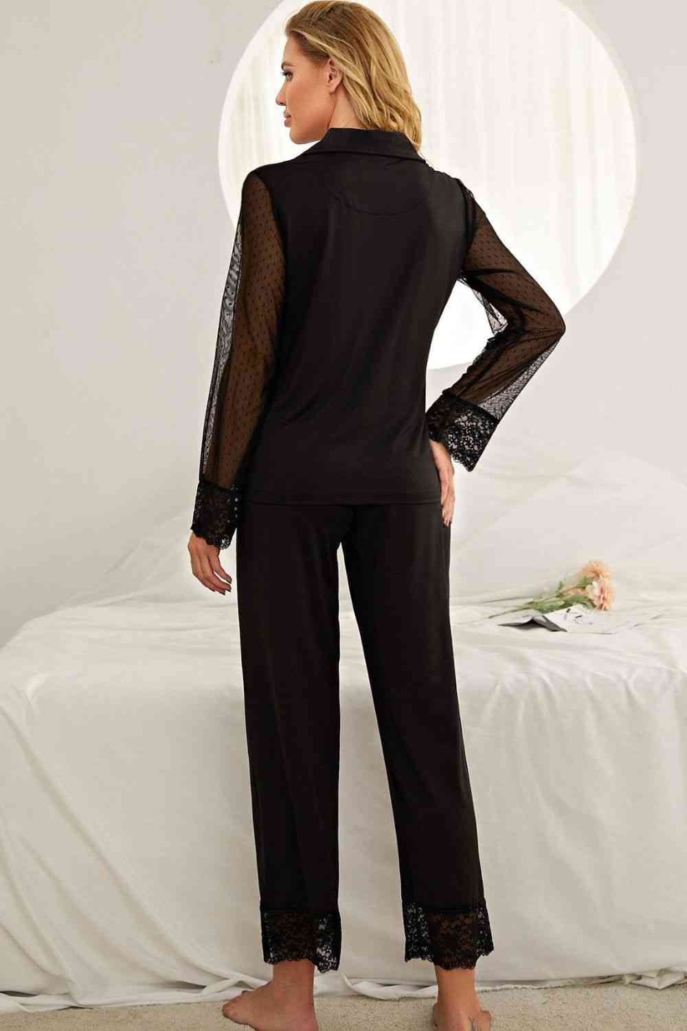 Spliced Lace Lapel Collar Pajama Set 