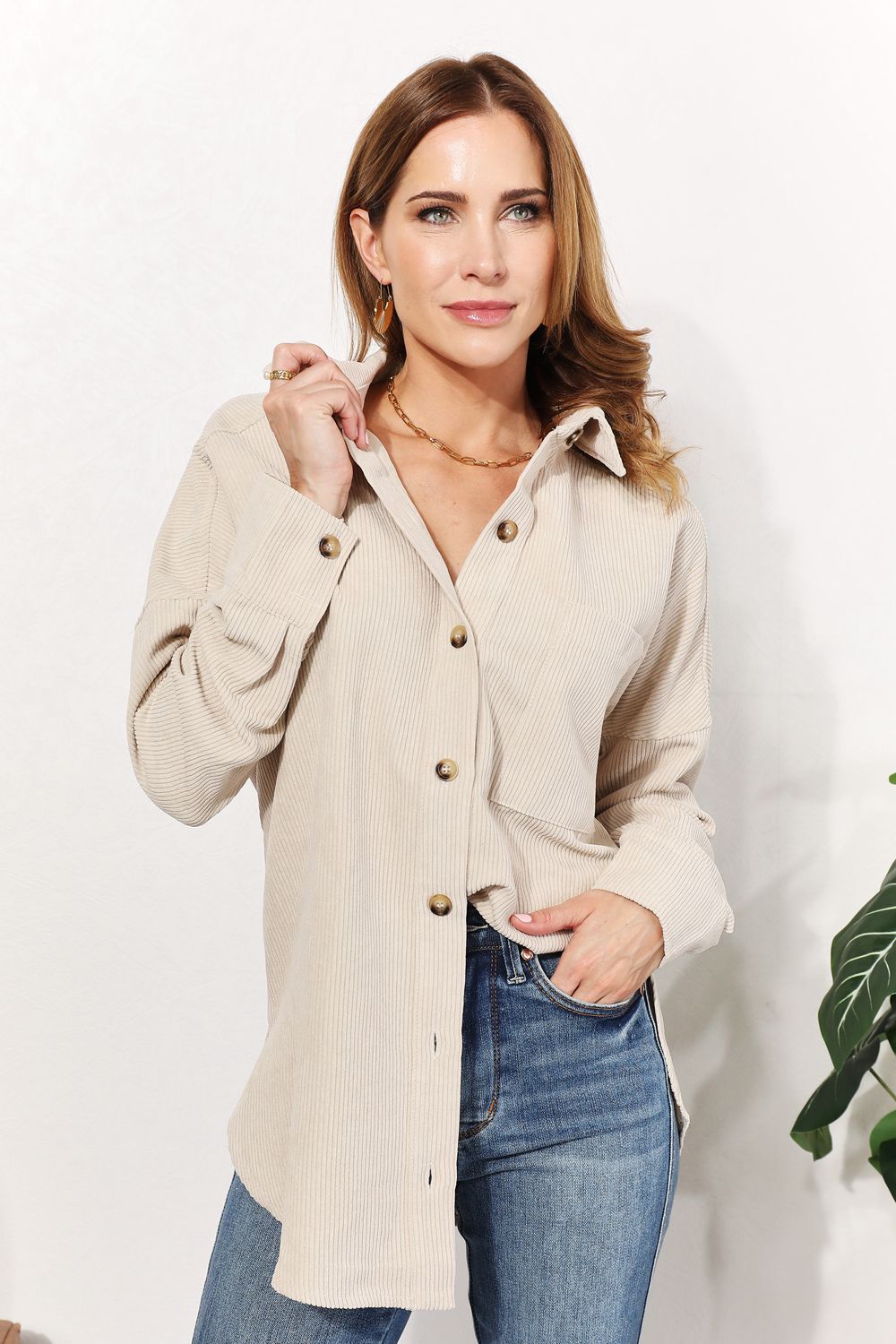 HEYSON Full Size Oversized Corduroy  Button-Down Tunic Shirt with Bust Pocket 