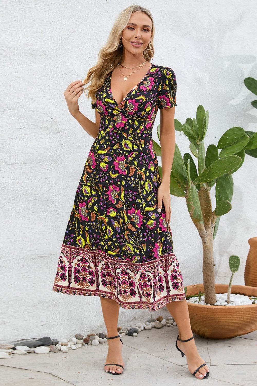 Printed Surplice Short Sleeve Dress 