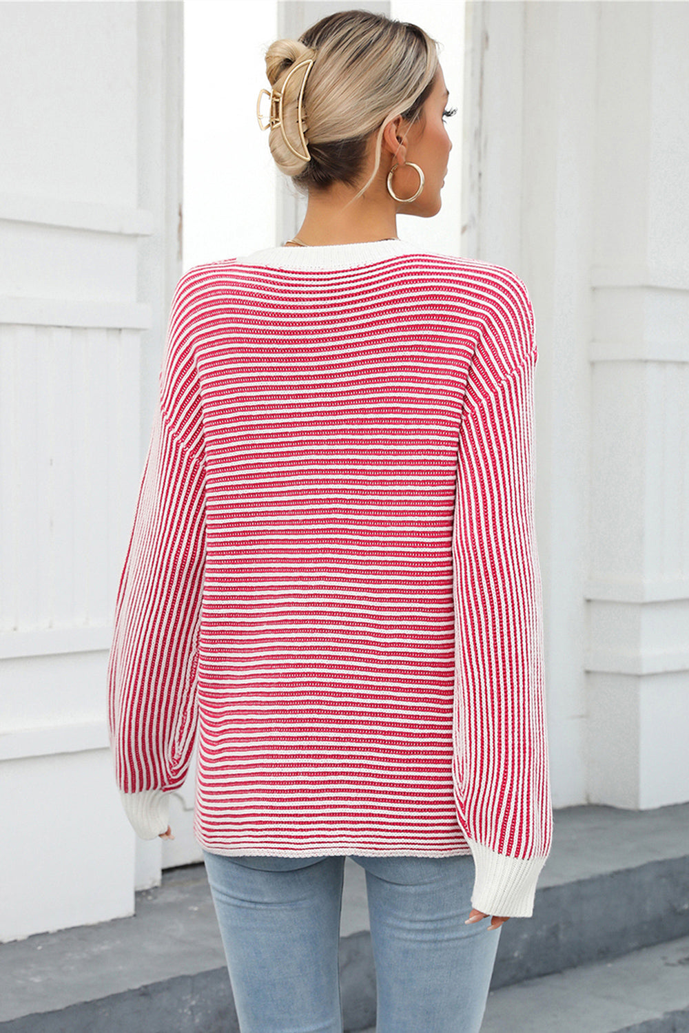 Striped Round Neck Long Sleeve Knit Top 