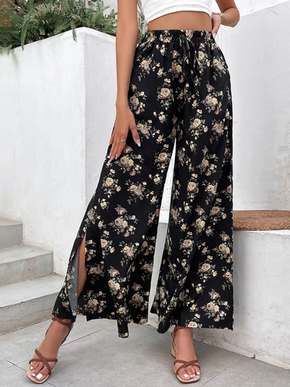 Floral Side Slit Wide Leg Pants - Babbazon