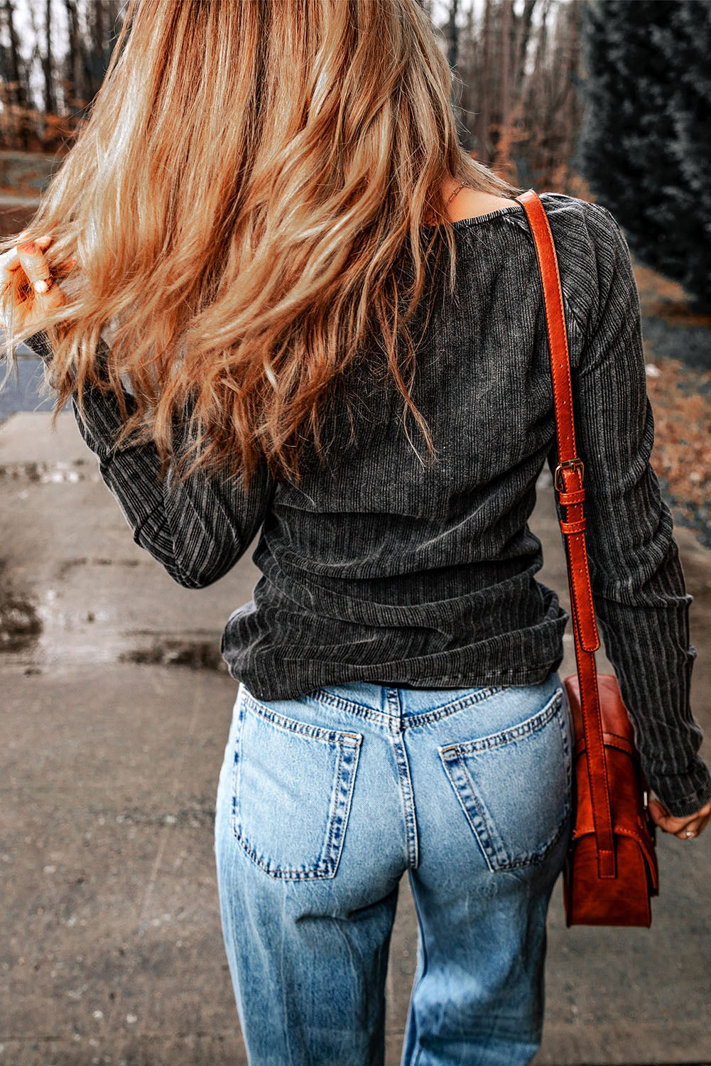 Ribbed Buttoned V-Neck Long Sleeve Top 