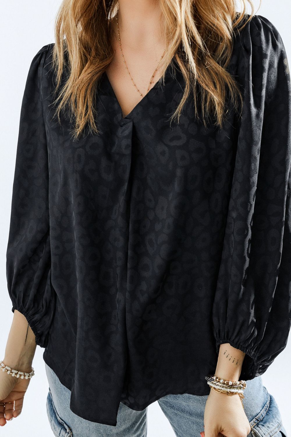 Leopard V-Neck Balloon Sleeve Blouse 