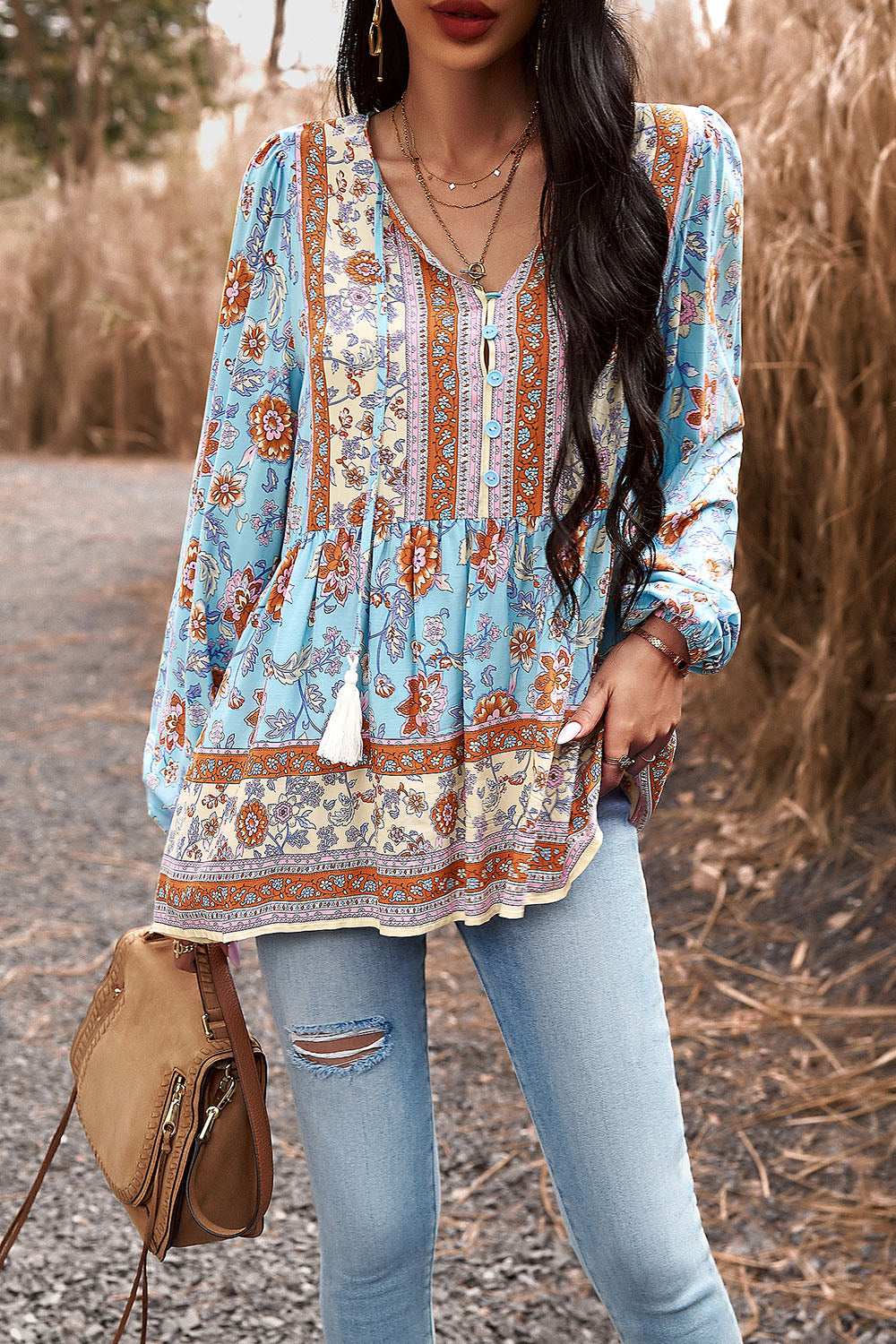 Tassel Tie Long Sleeve Peplum Blouse 