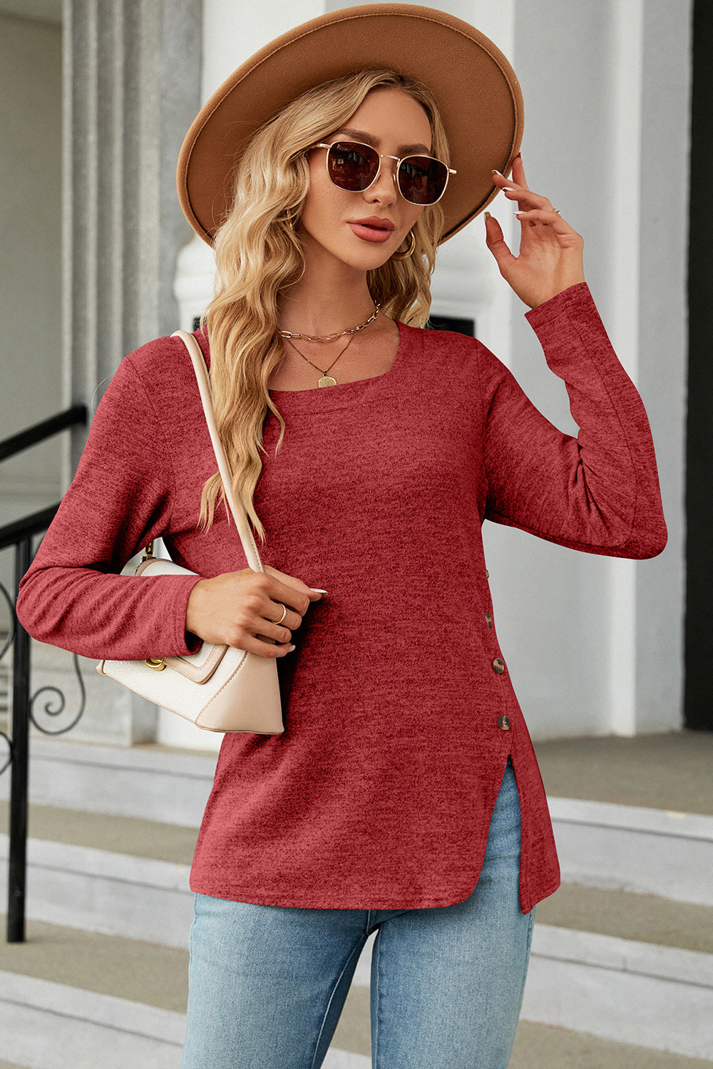 Slit Decorative Button Square Neck T-Shirt 