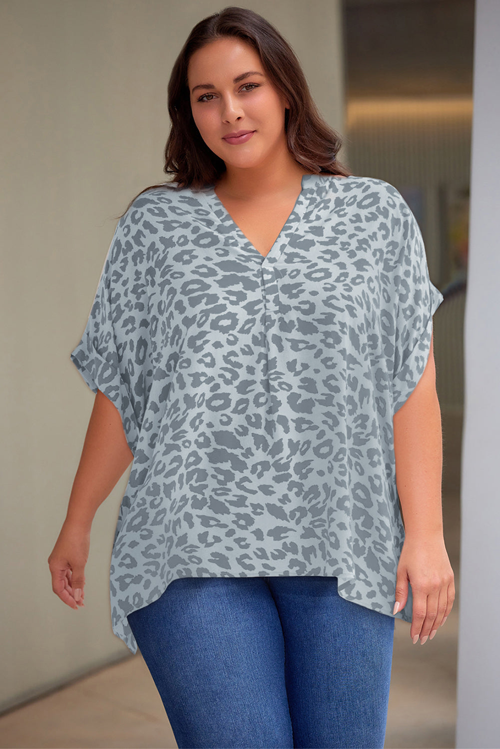 Plus Size Printed Notched Neck Half Sleeve Top - Babbazon Tops