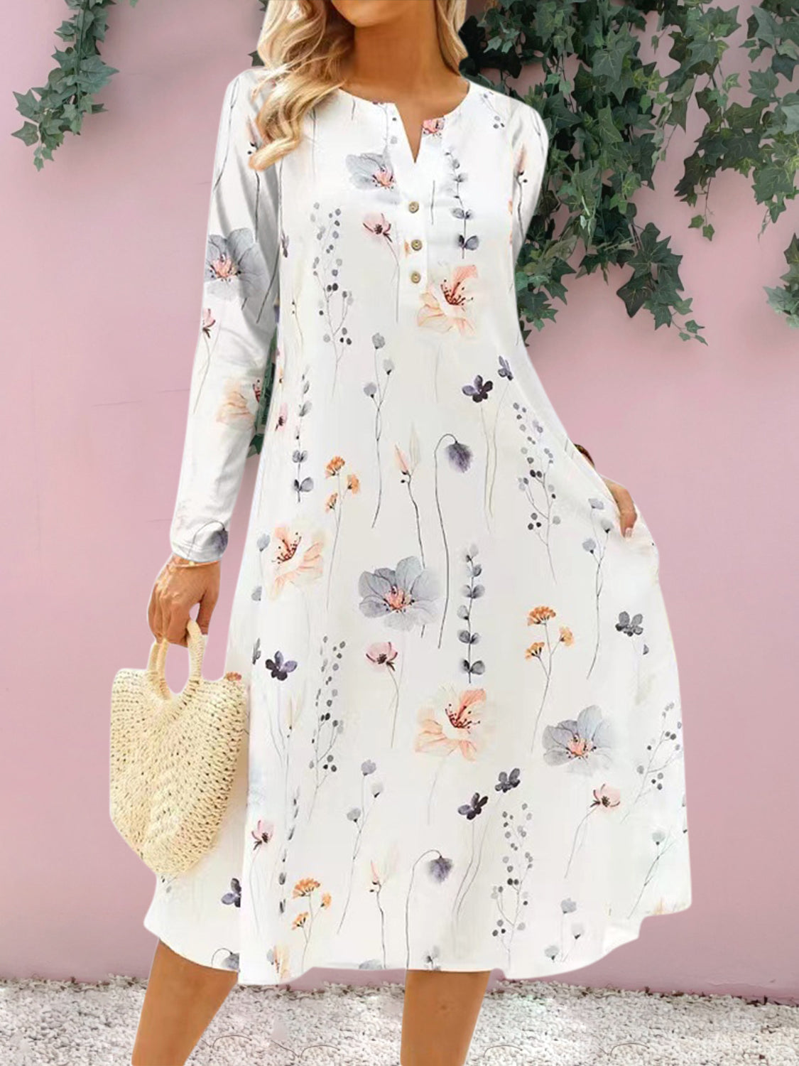 Floral Notched Long Sleeve Midi Dress 