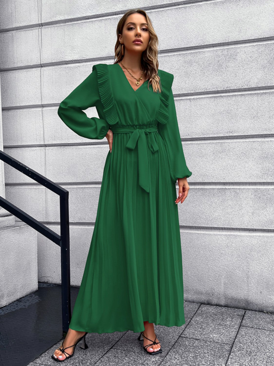 Pleated Surplice Tie Waist Maxi Dress 