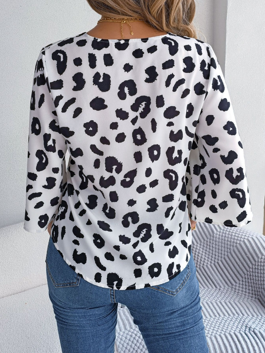 Tied Button Up Leopard V-Neck Blouse 