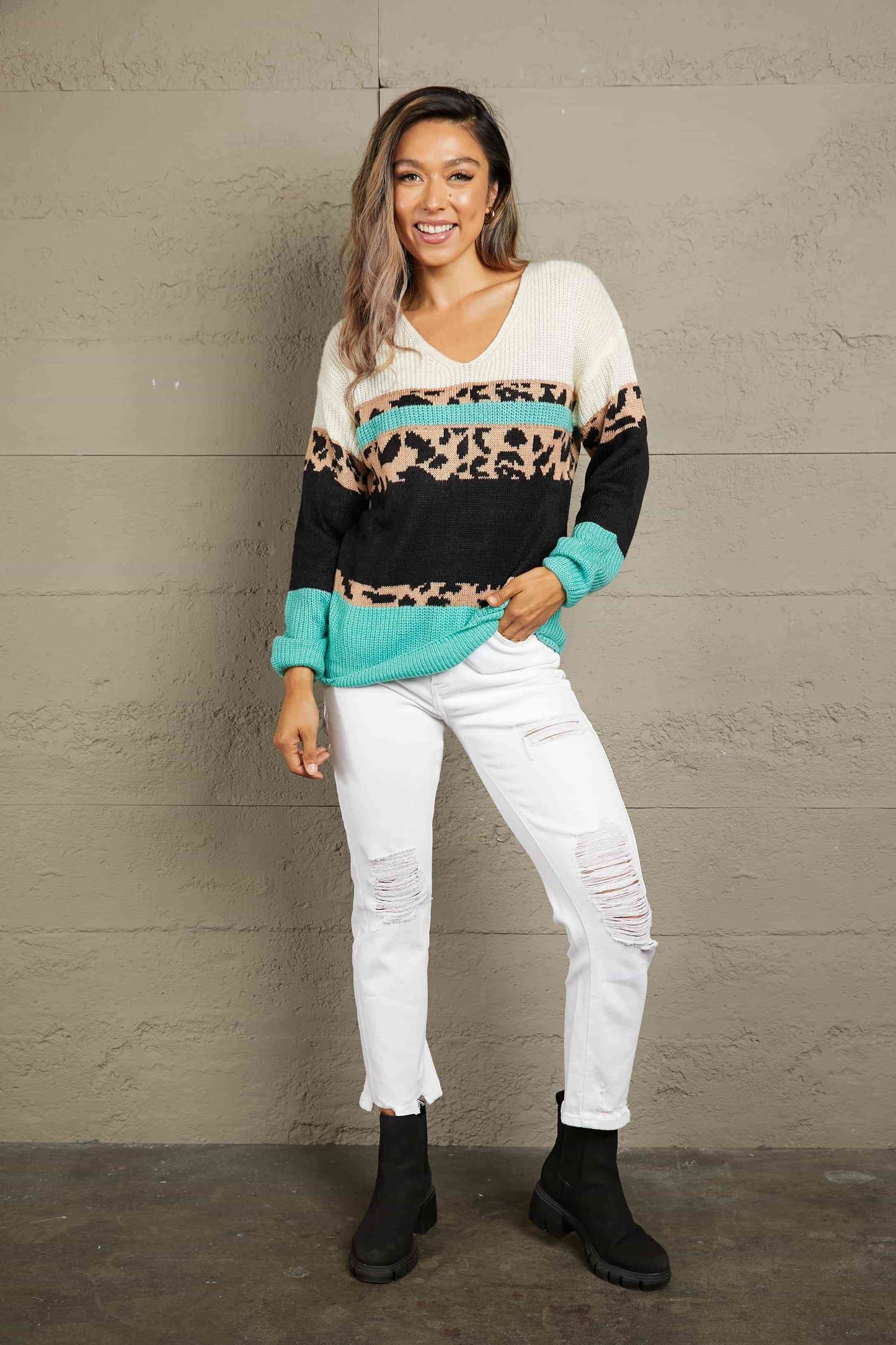 Woven Right Leopard Color Block V-Neck Rib-Knit Sweater 