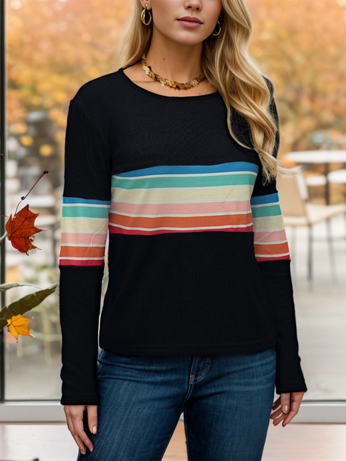 Striped Round Neck Long Sleeve T-Shirt 