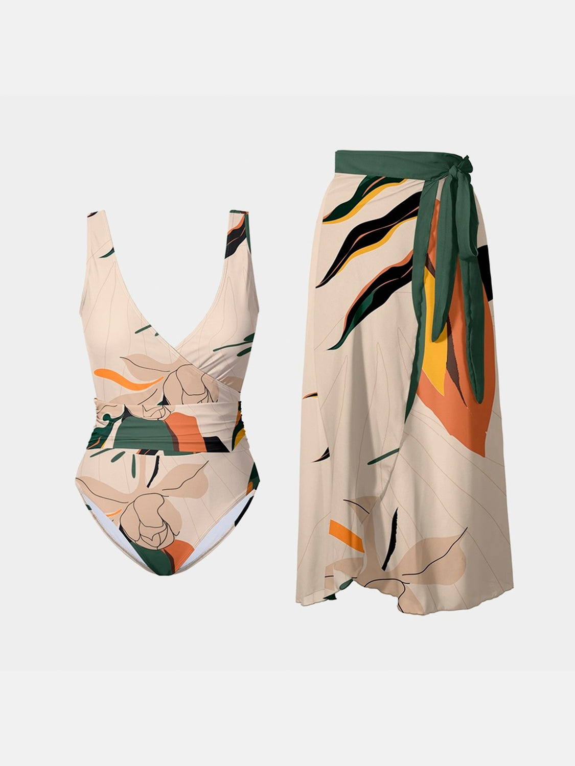 Printed Surplice Wide Strap Swimwear and Skirt Swim Set 