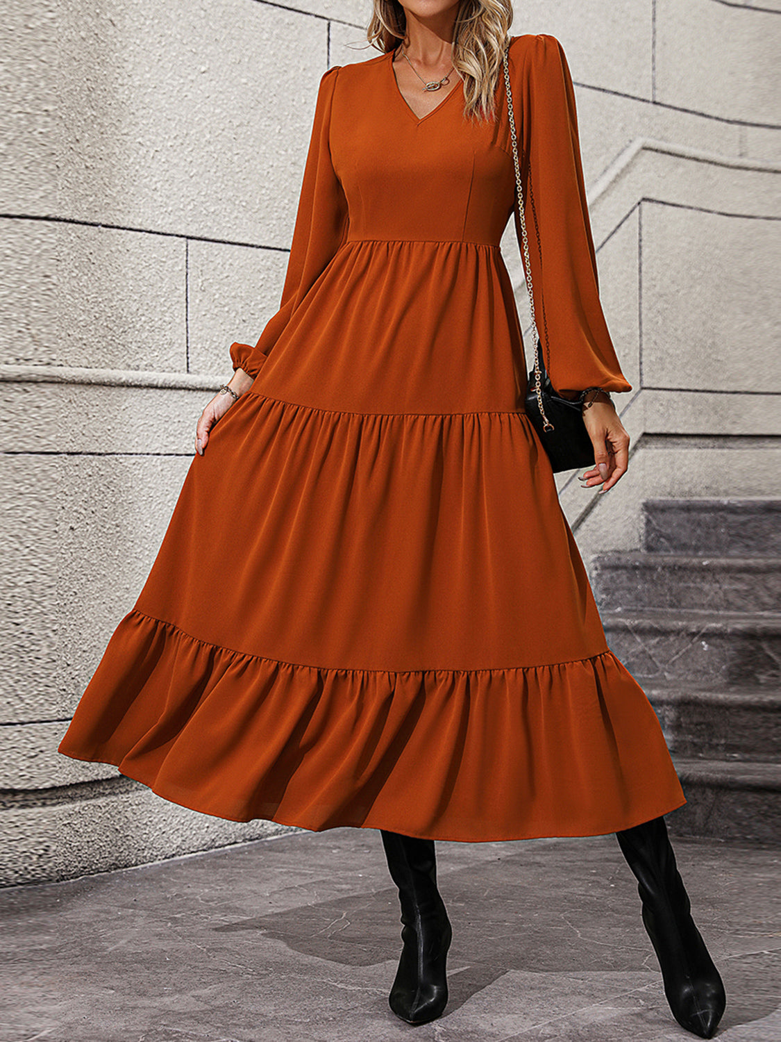 V-Neck Long Sleeve Tiered Dress 