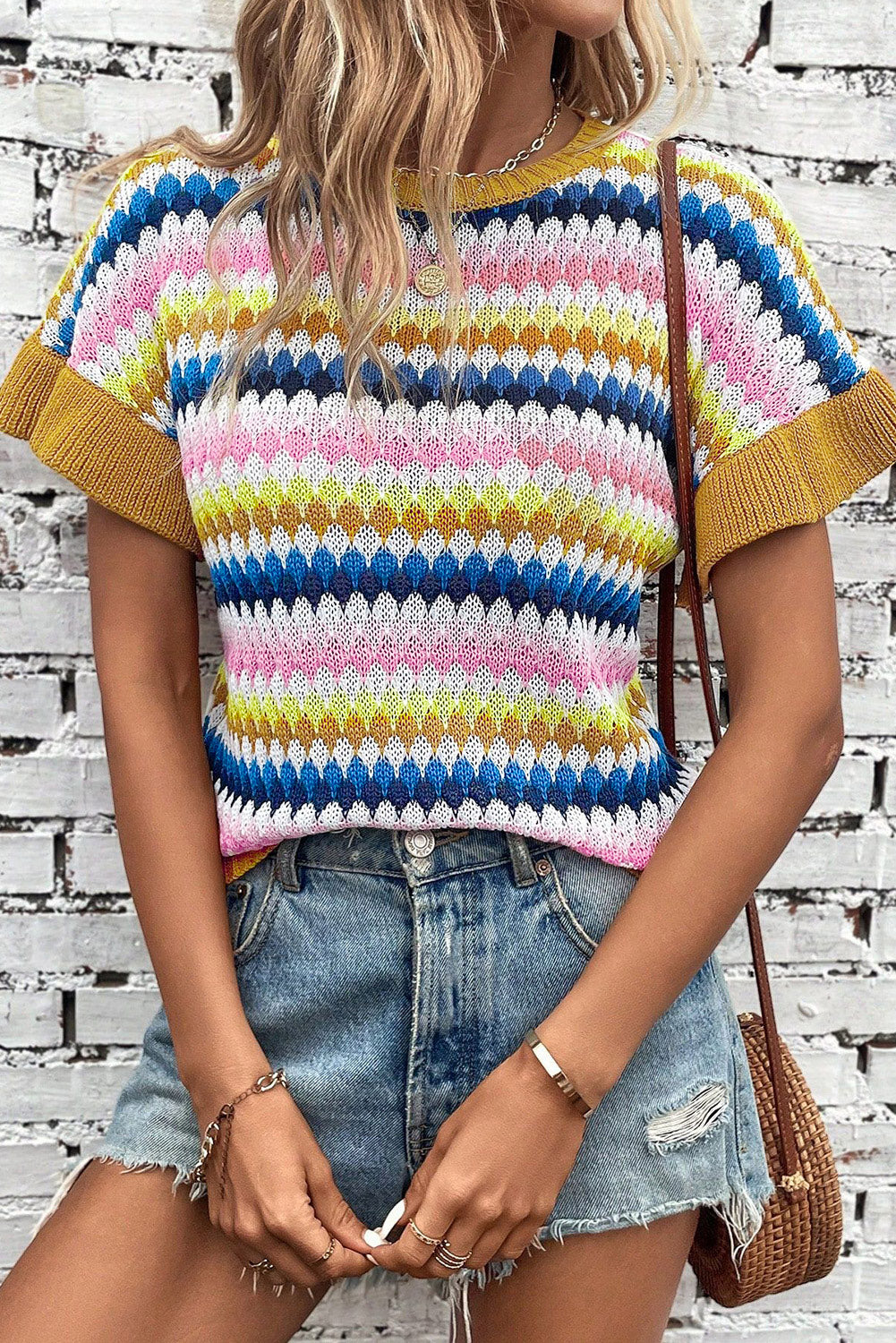 Striped Round Neck Short Sleeve Sweater - Babbazon Tops