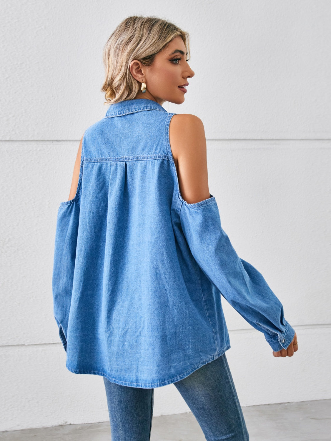 Cold Shoulder Pocketed Button Up Denim Jacket 