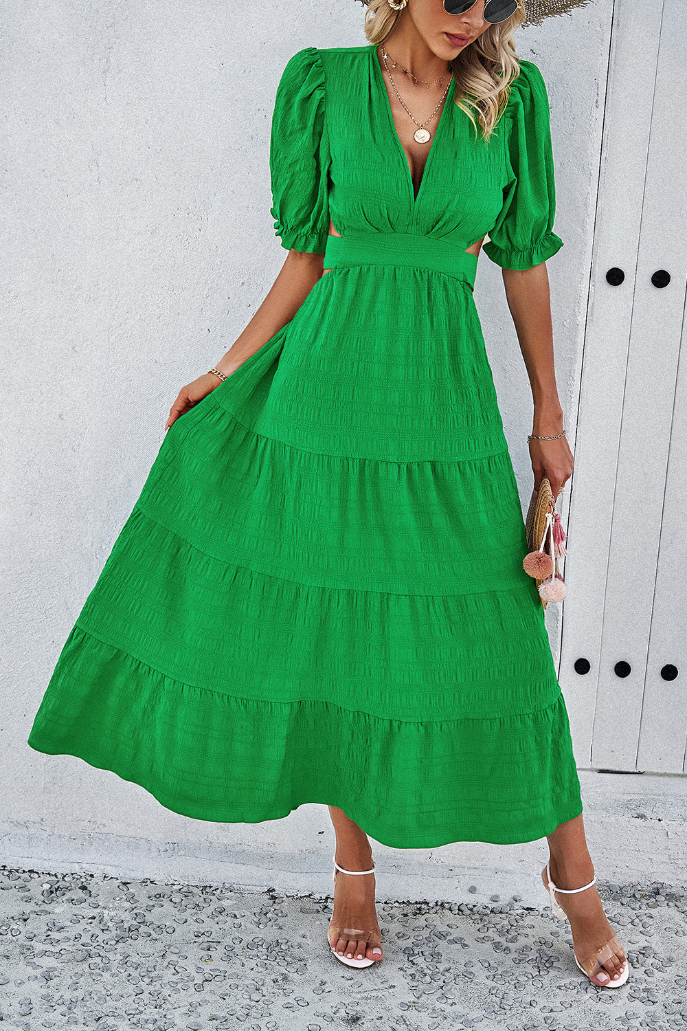 Tie Back Short Sleeve Tiered Dress 