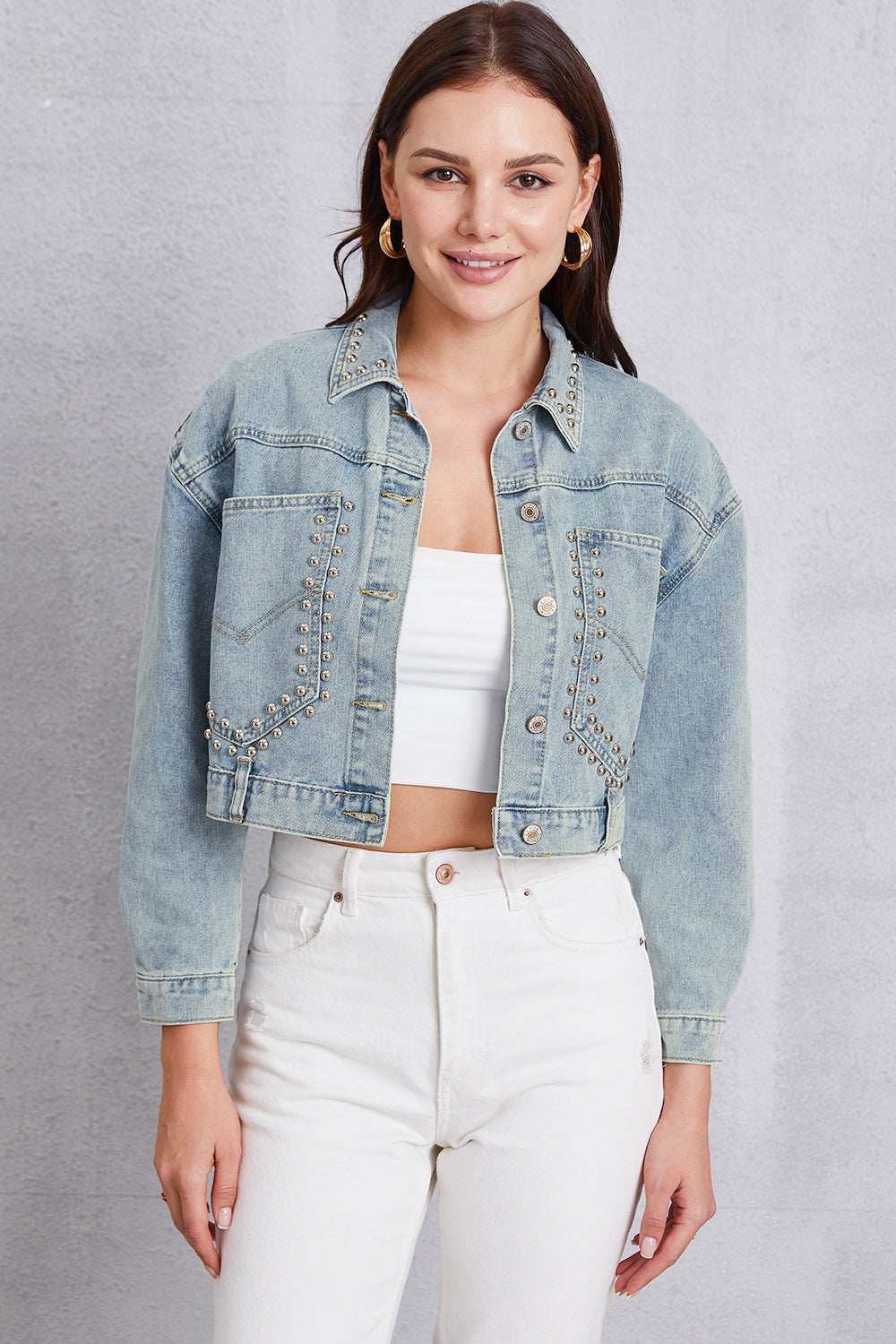 Studded Dropped Shoulder Denim Jacket 