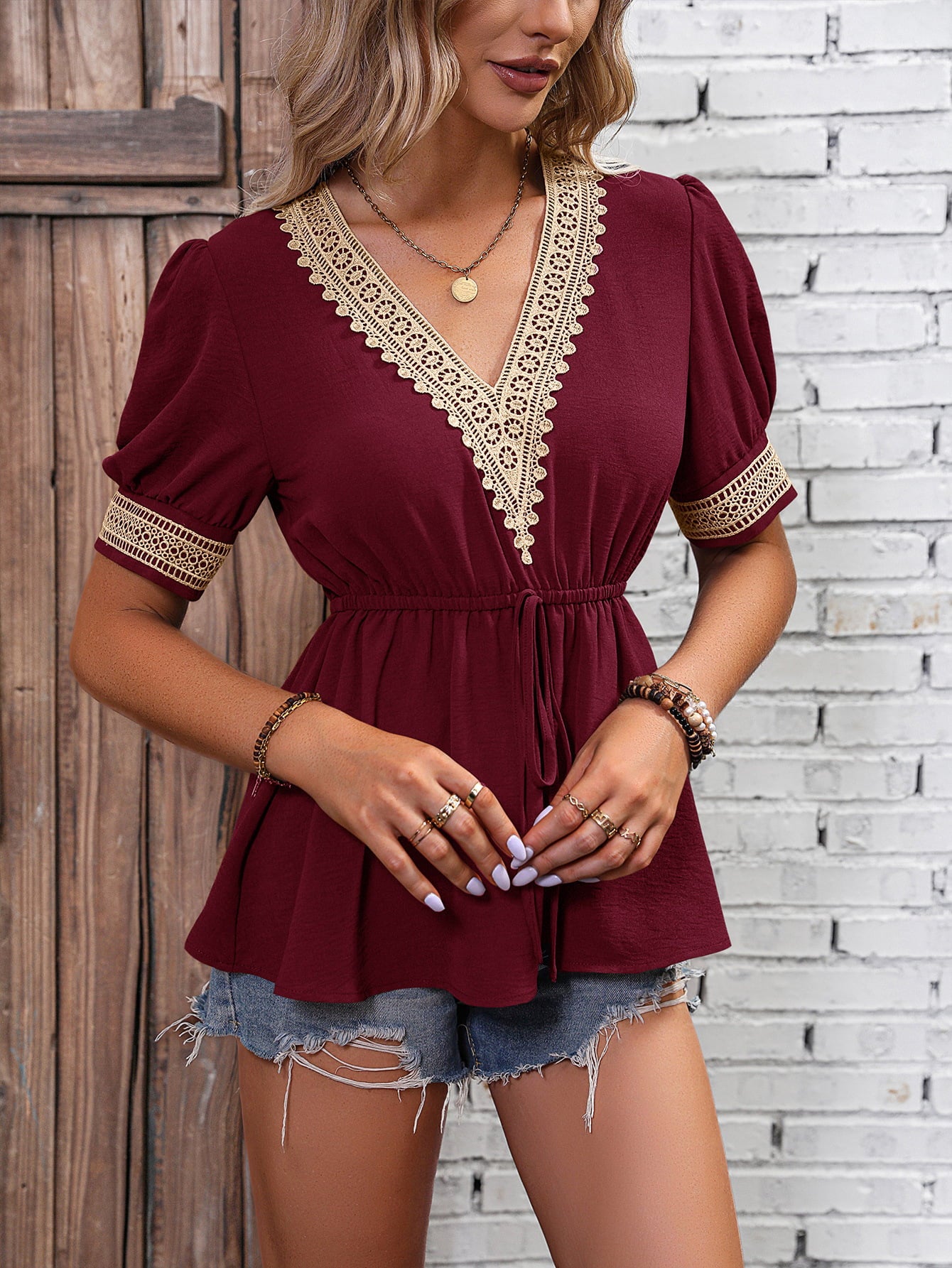 Contrast V-Neck Babydoll Top 