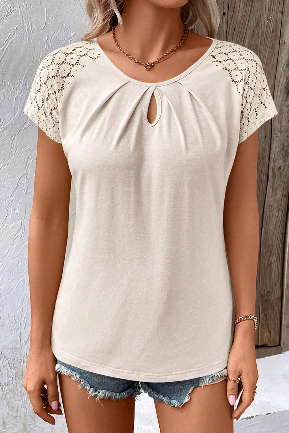 Cutout Round Neck Lace Short Sleeve T-Shirt - Babbazon Women's Tops