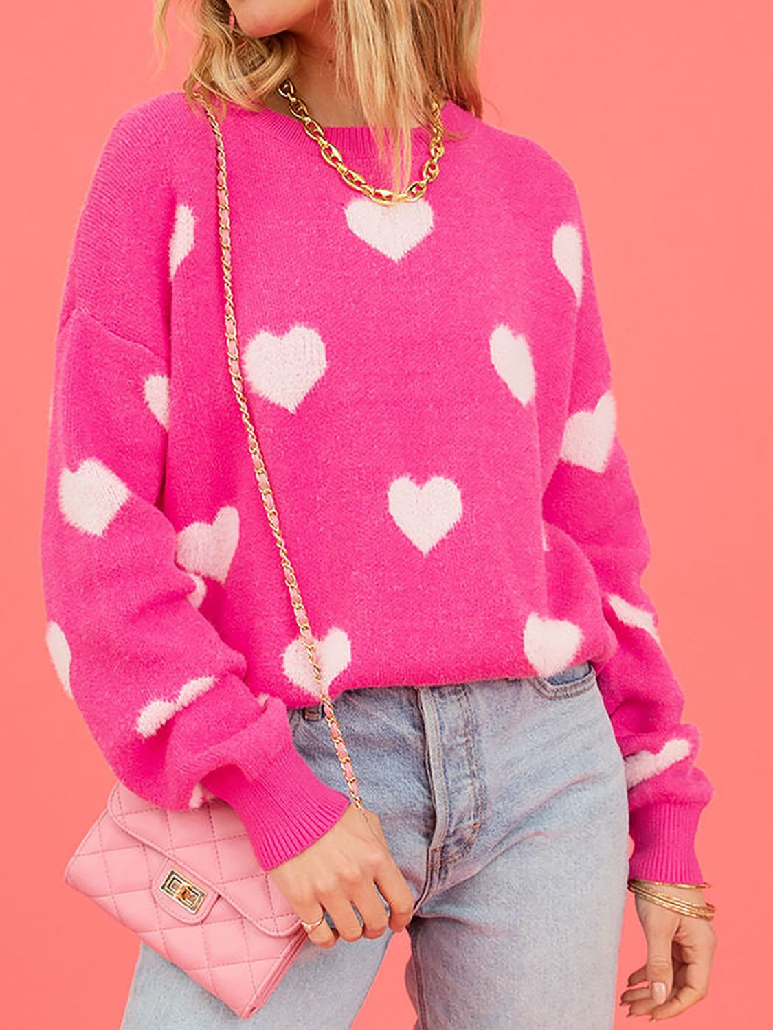 Heart Round Neck Dropped Shoulder Sweater 