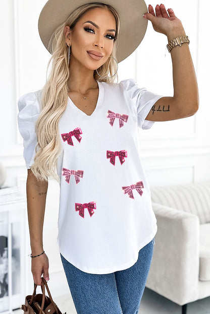 Sequin Bow Print V-Neck Puff Sleeve Blouse 