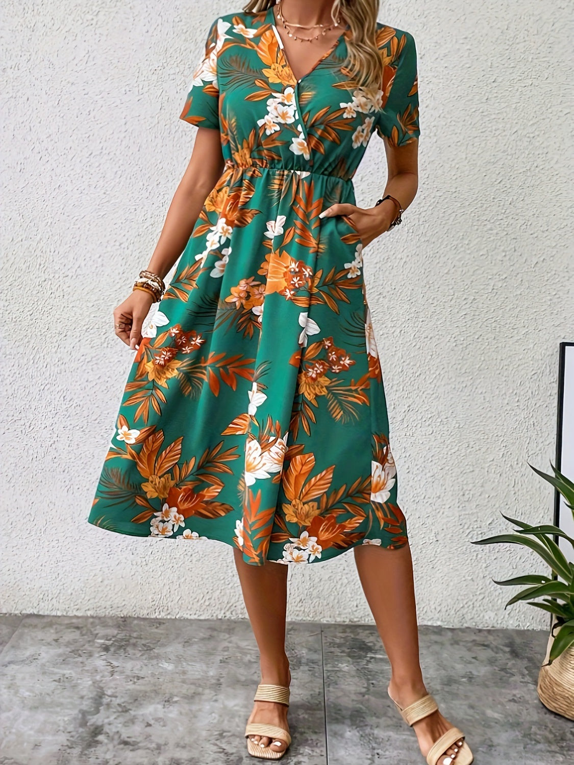 Floral Surplice Short Sleeve Dress 