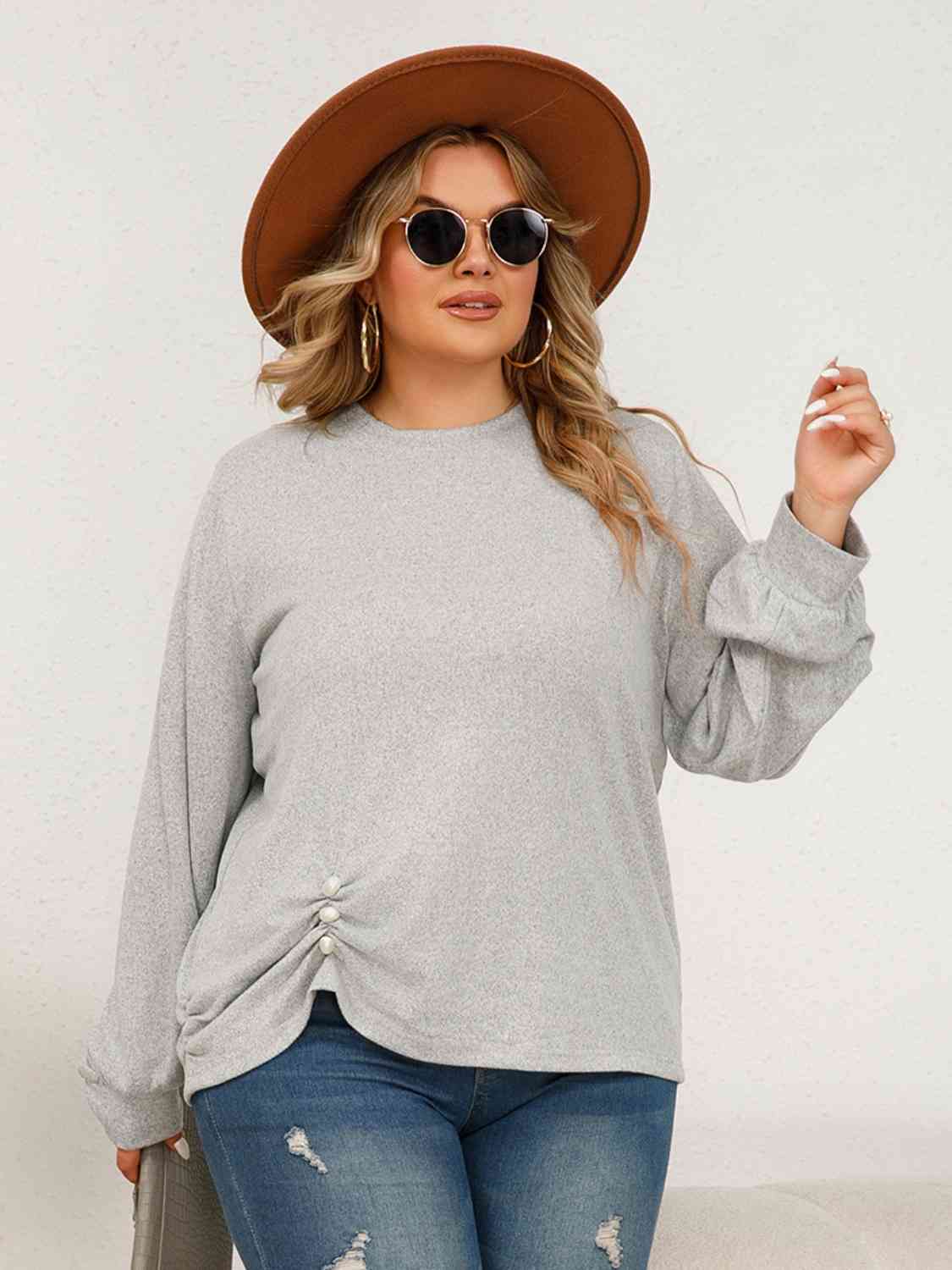 Plus Size Round Neck Ruched Long Sleeve Top 