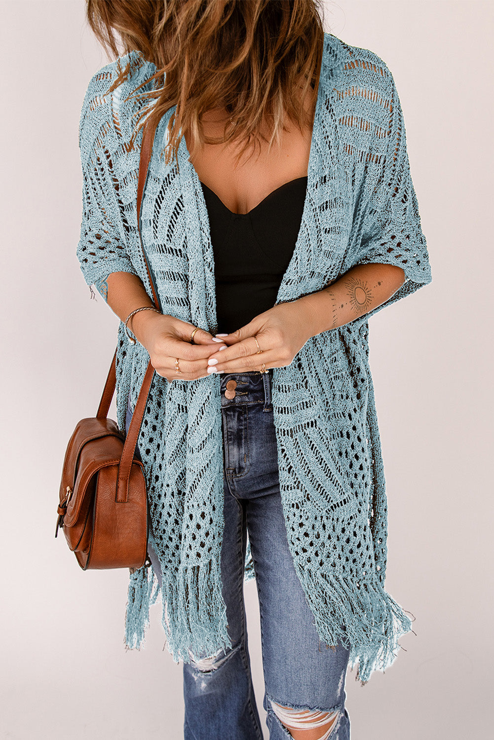 Openwork Open Front Cardigan with Fringes - Babbazon Camisole