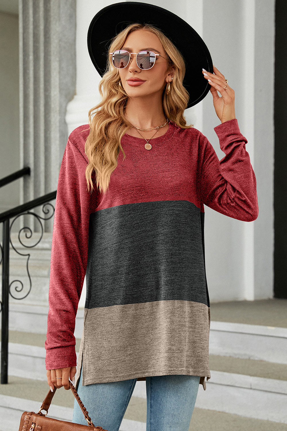 Color Block Round Neck Long Sleeve T-Shirt 