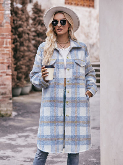 Plaid Dropped Shoulder Slit Coat 