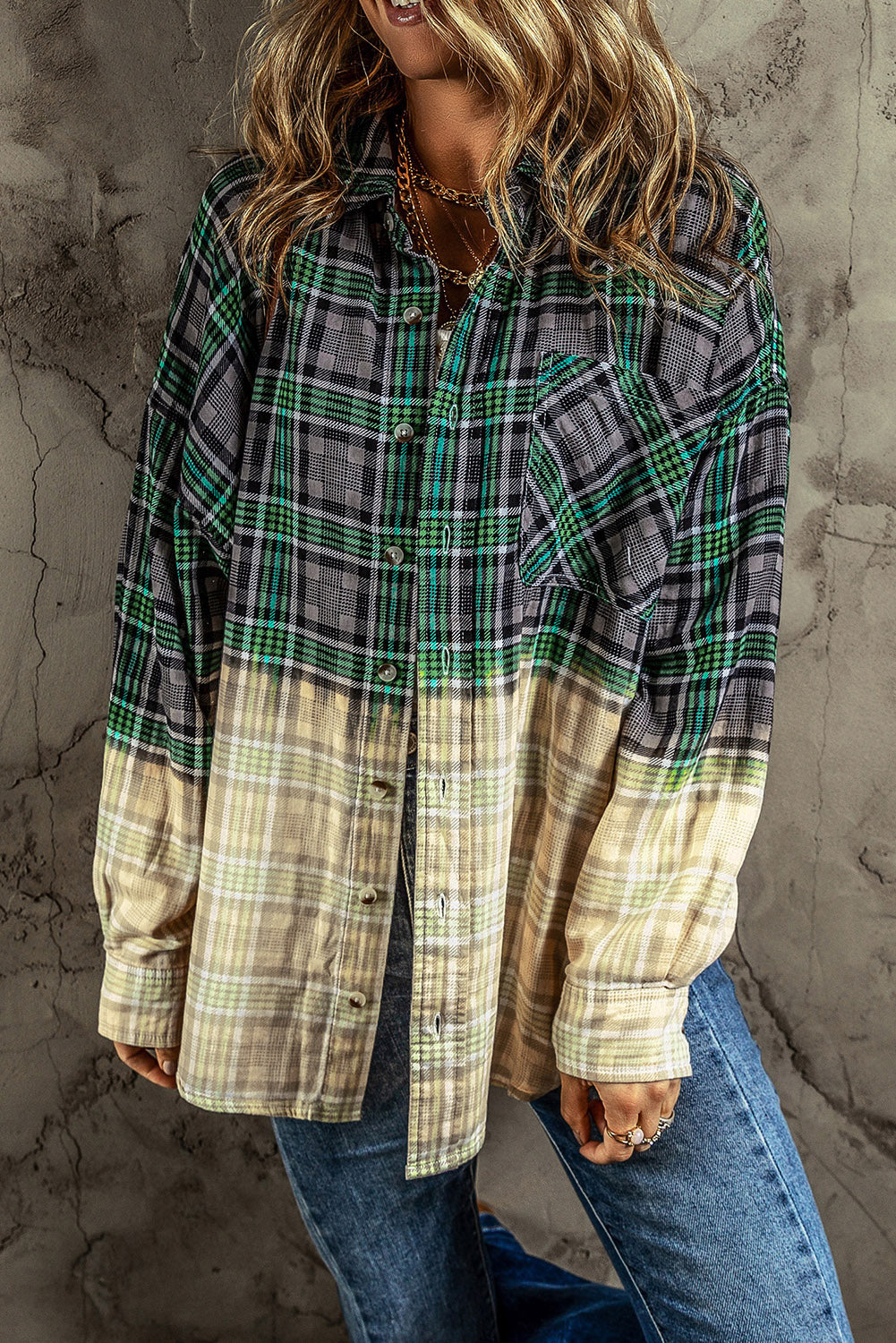 Contrast Plaid Button Up Long Sleeve Shacket 