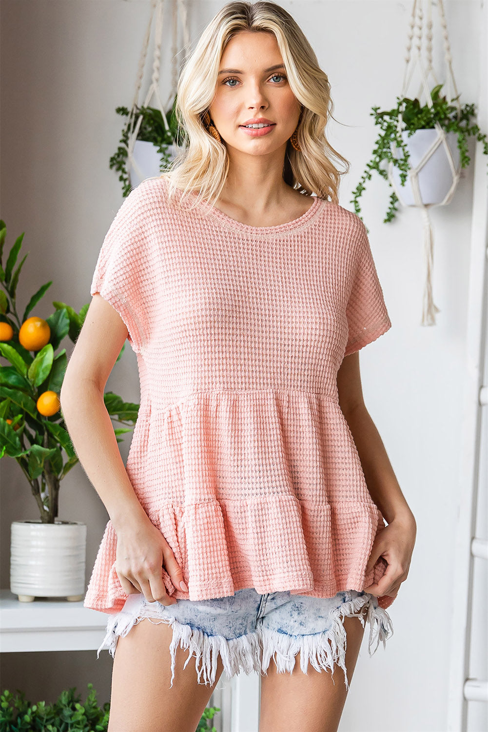 Waffle-Knit Buttoned Ruffle Hem Top 