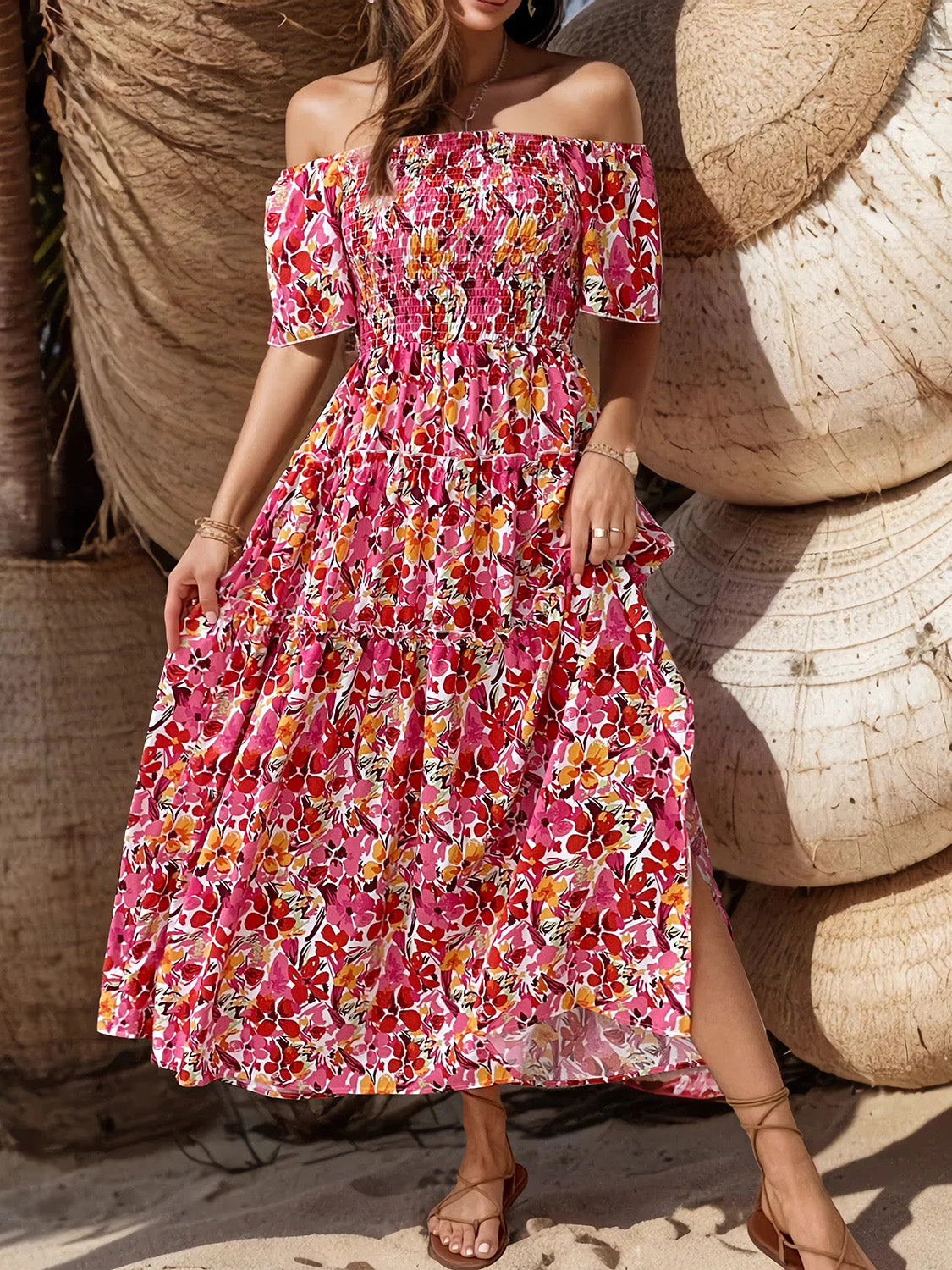 Slit Floral Off-Shoulder Short Sleeve Dress 