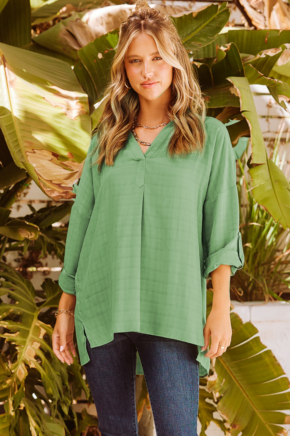 Notched Roll-Tab Sleeve Blouse 