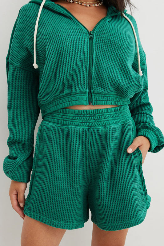 Waffle-Knit Zip Up Hoodie and Shorts Set 