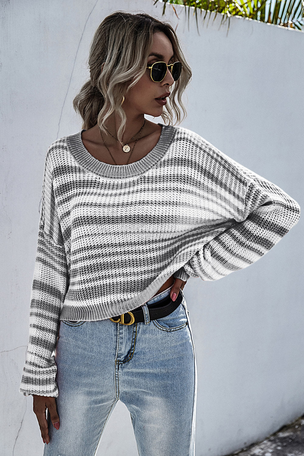 Striped Round Neck Dropped Shoulder Sweater 